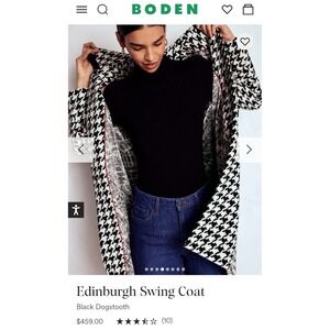 Boden Edinburgh Swing Coat Black Dogtooth Houndstooth Pattern Full Length Womens